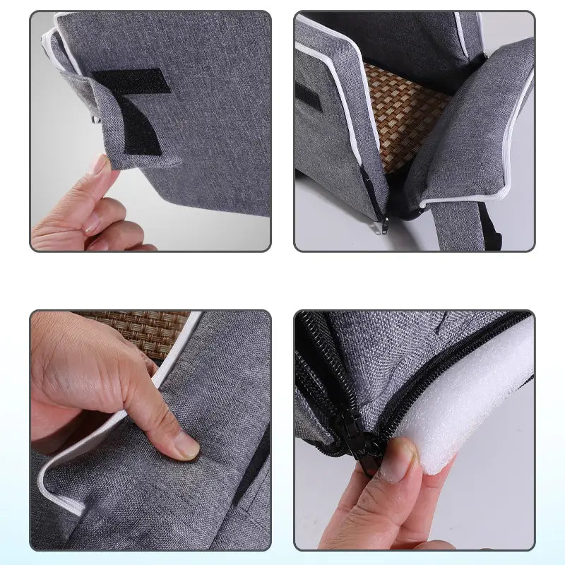 Gray textured fabric pet car console seat backpack with white trim and black zipper accents designed for small pets up to 5kg weight limit.
