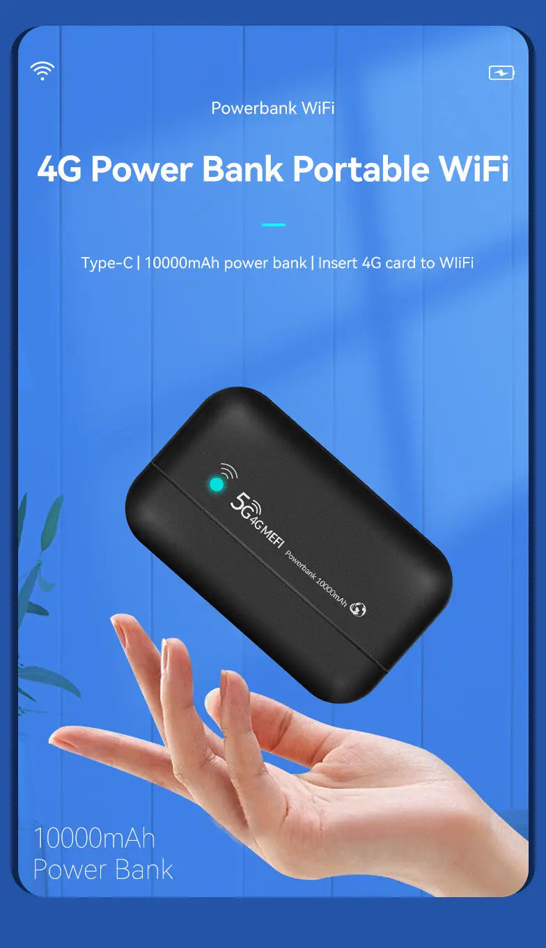 Schwarze rechteckige LTE-Powerbank mit einer Kapazität von 10.000 mAh, mit externem Lade-WLAN sowie Wireless-Lade-Symbol für einen Lade-WLAN-Router.