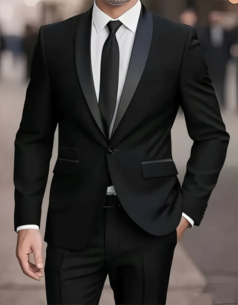 Smoking noir avec revers en satin et pantalons assortis, présentant un type de fermeture simple dans un design à coupe ajustée.