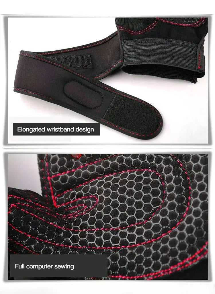 Black fingerless workout glove with wrist support featuring red stitching and a hexagonal mesh pattern on the palm.