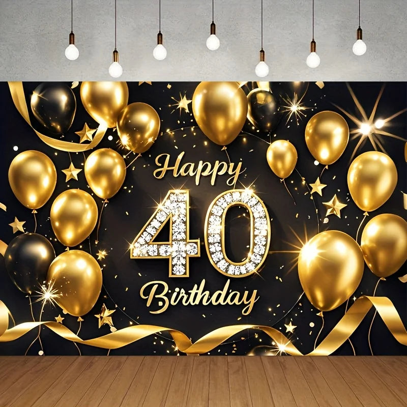 1 40th birthday background cloth - black gold glitter studio background with gold balloons and stars