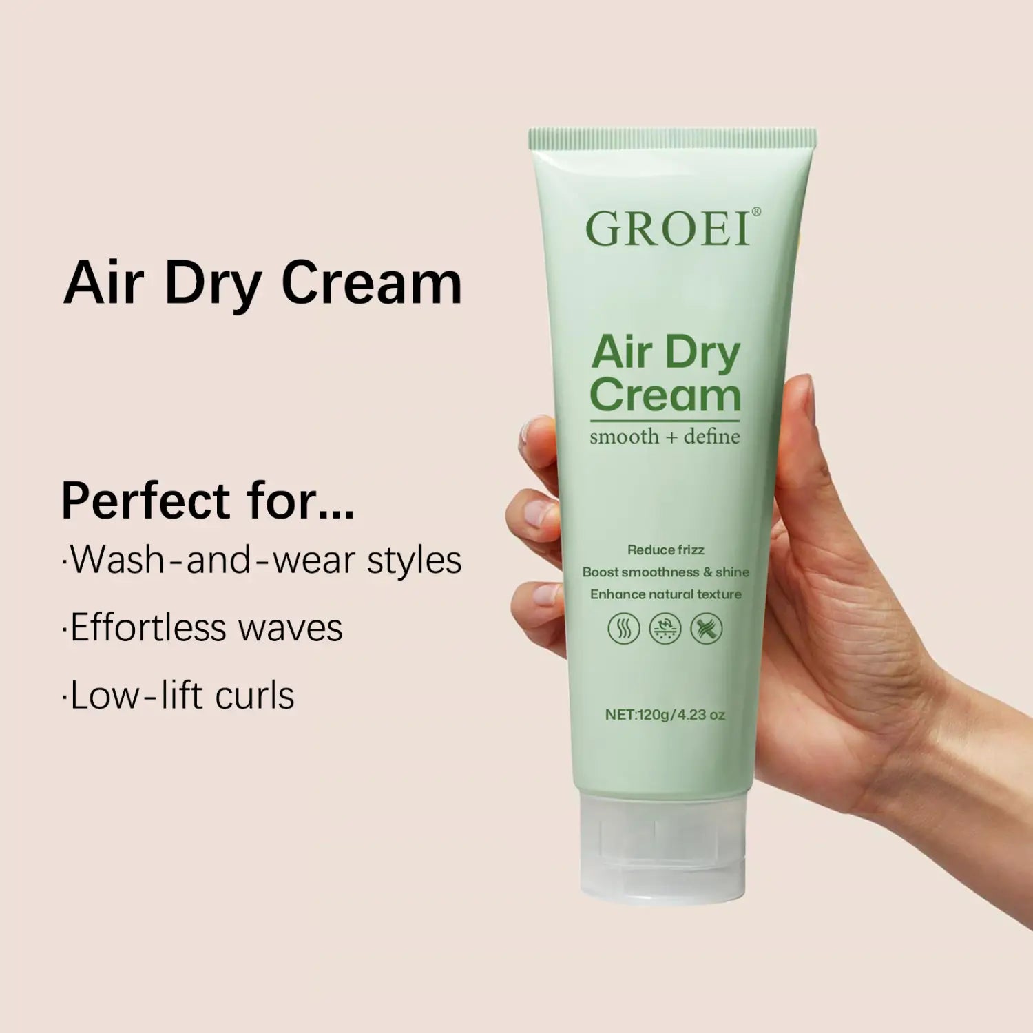 Un tubo verde claro exprimible de crema para el peinado del cabello con tapa blanca y texto negro, con una fórmula nutritiva para crema de secado al aire de 120 g.