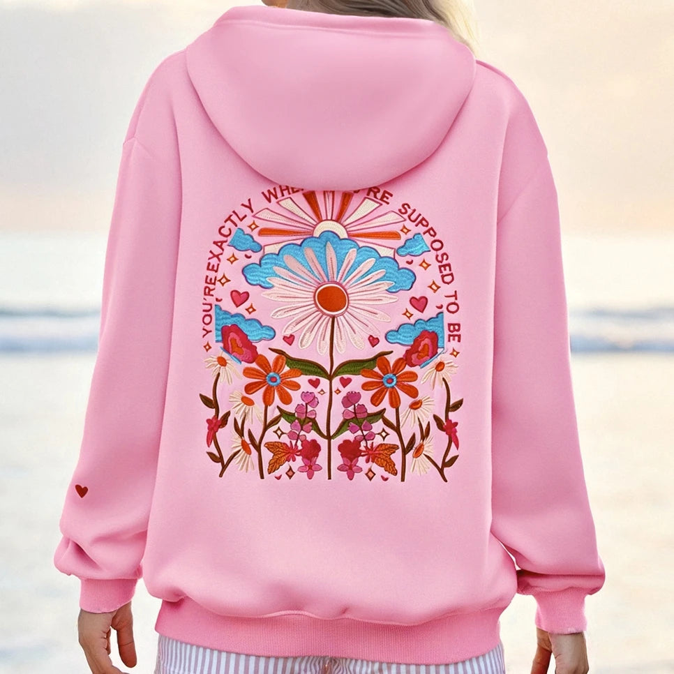 Classic Women's Embroidered Hoodies Casual Cozy Stylish Floral Letter Pattern Long Sleeve Loose Fit Hooded Sweatshirt