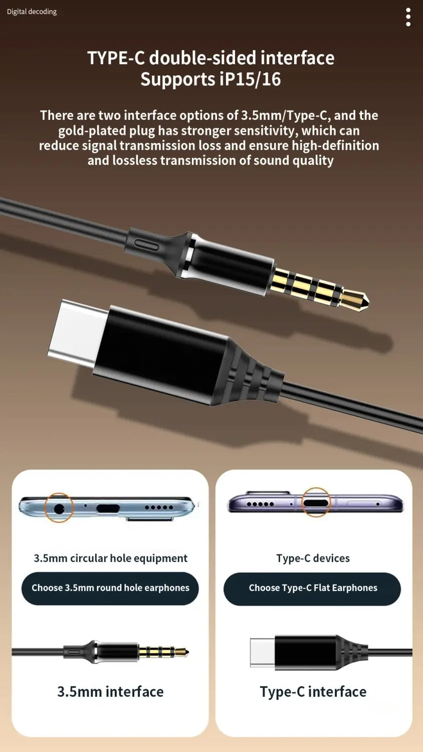 Black usb c wired in ear gaming headphones with mic featuring gold-plated 3.5mm and type-c connectors for high-definition sound transmission compatible with ip15 and ip16 devices