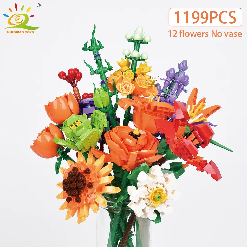 Un bouquet multicolore vibrant de 12 fleurs Lego finement conçues en orange, rouge, jaune, violet et blanc, fabriquées en briques de construction en plastique, pour les amateurs de blocs.