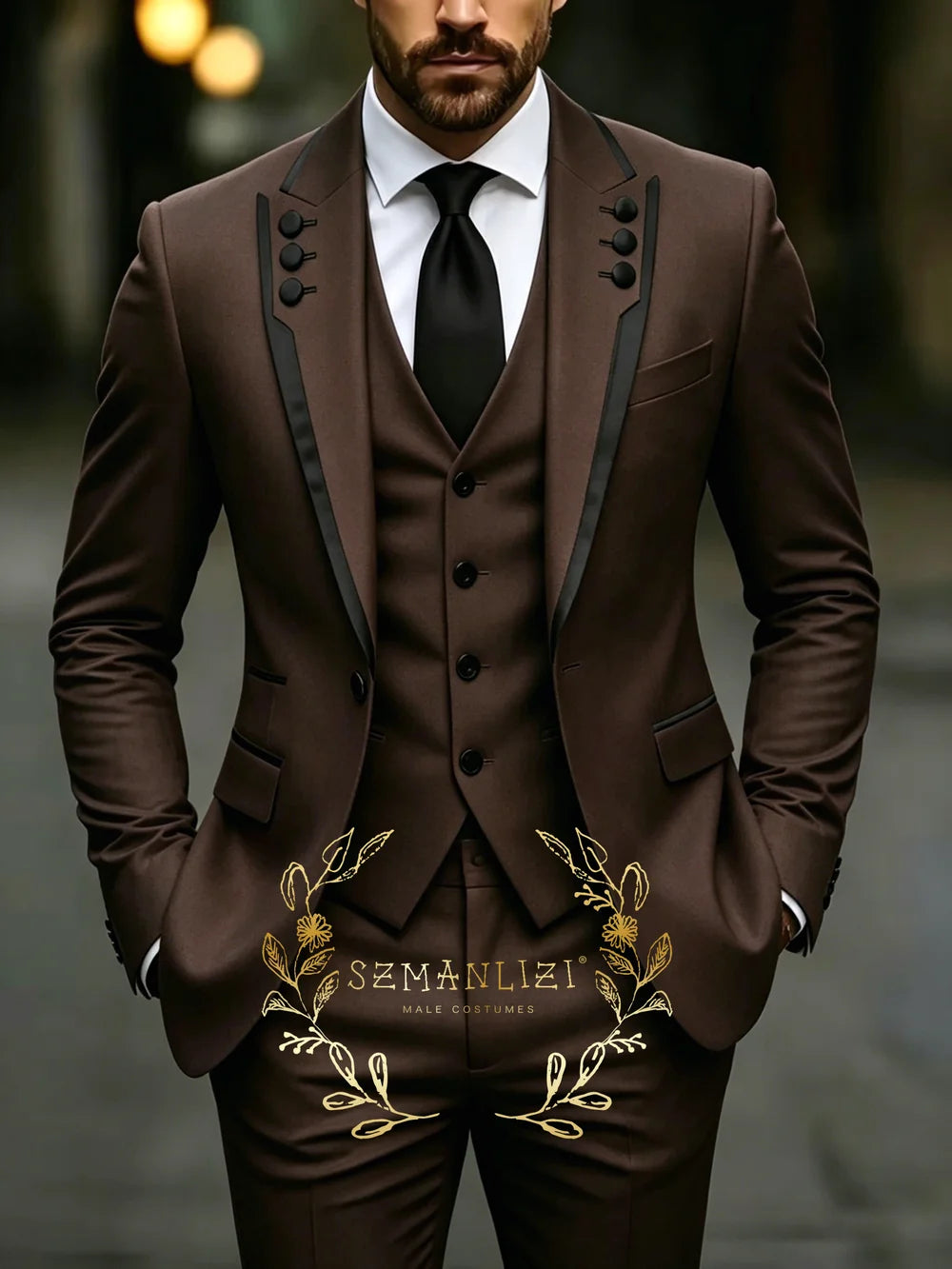 Classic Brown Business Suits For Men Slim Fit 3 Pieces Groomsmen Suit Male Party Formal Wedding Tuxedos Jacket+Vest+Pants