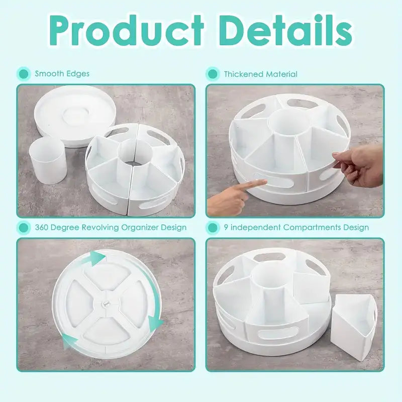 White plastic 360-degree revolving kitchen organizer with nine independent compartments and seven compartment stationery holder for rotating desk organization.