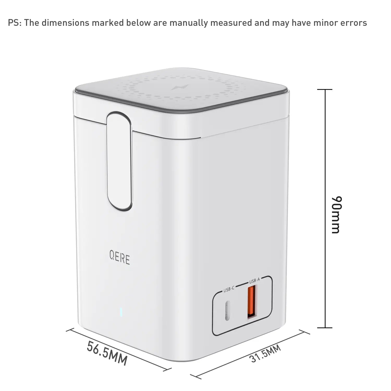Weiße QERE-Marke magnetische Wireless-Lade station 65 W Wandladegerät mit schlankem rechteckigem Design, mit einem USB-C- und einem USB-A-Anschluss auf der Seite.