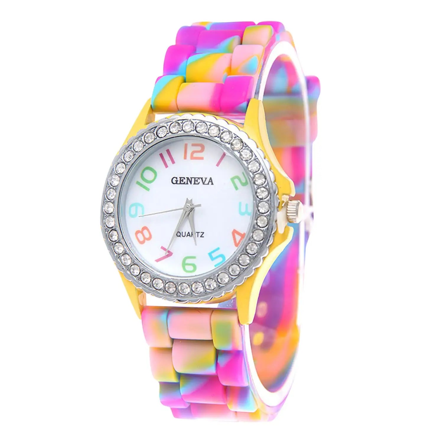 A girls crystal bling rainbow silicone watch featuring a vibrant rainbow-colored silicone band, yellow case, crystal-encrusted bezel, and white dial marked Geneva in black text.