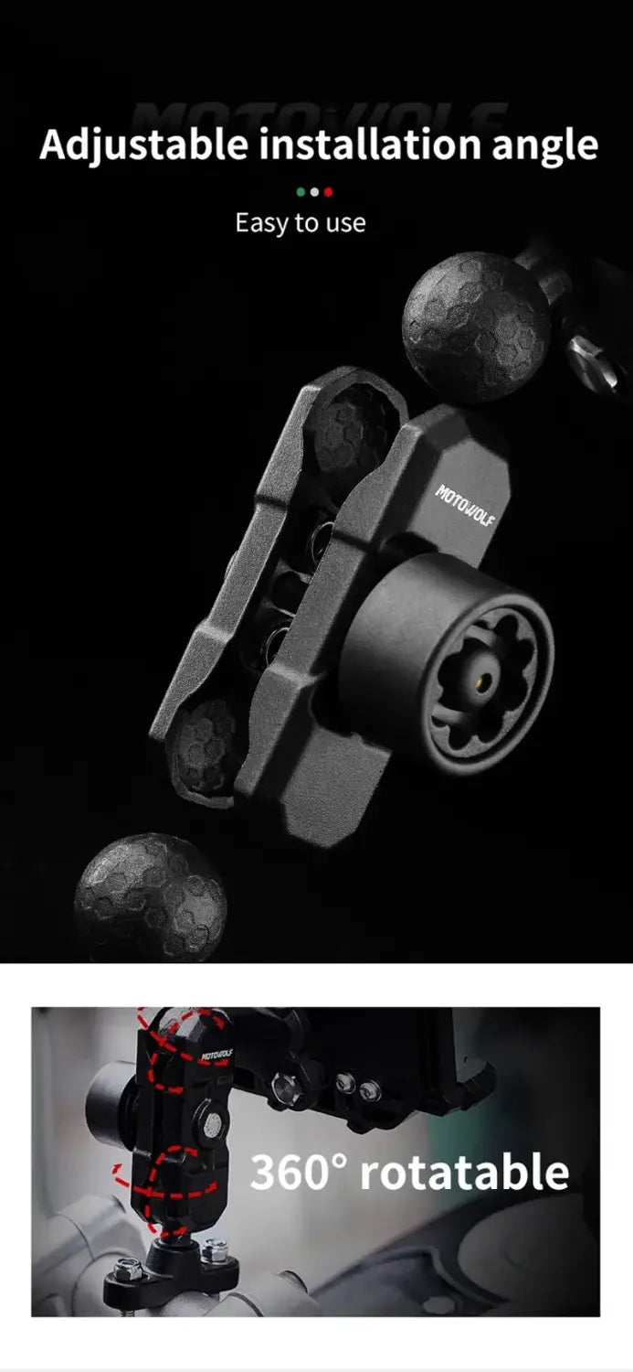 black metal motorcycle wireless charging phone mount with adjustable angle and 360-degree rotation capability shown from the back side