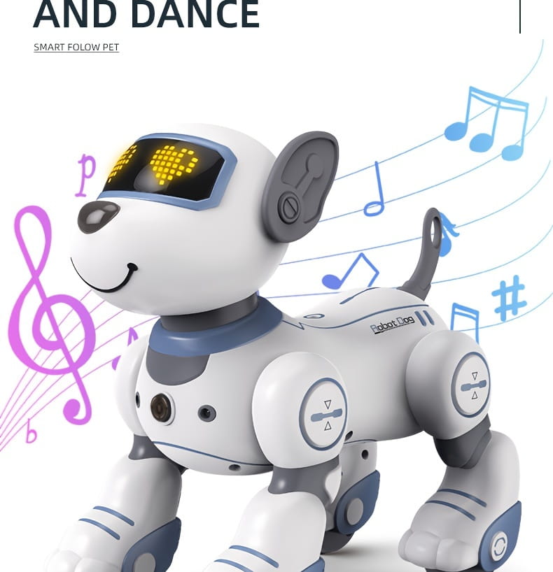 White and gray remote control robotic dog toy with glowing yellow led eyes, playful design, marked robot dog on its chest, featuring a rechargeable battery.