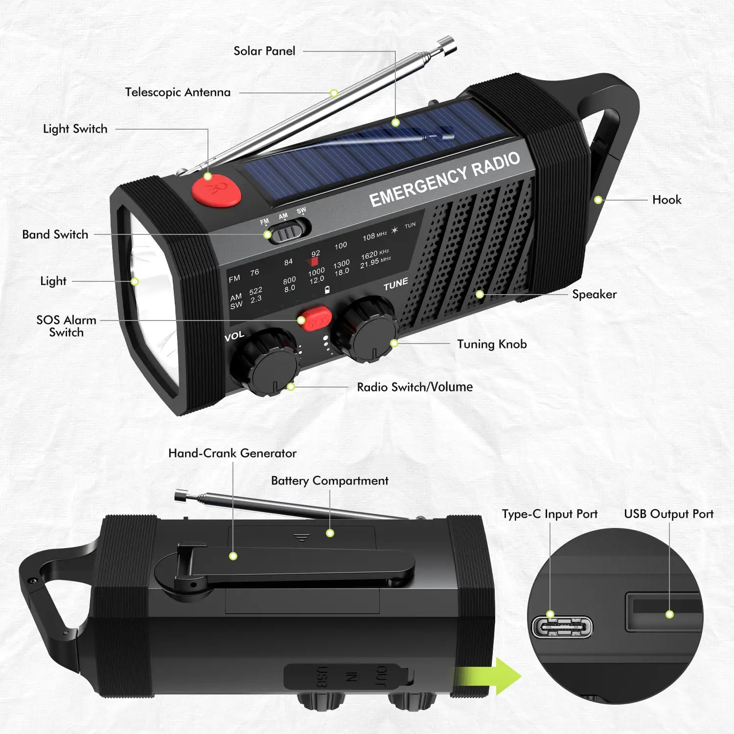 Radio de emergencia solar negra con panel solar, antena telescópica y generador con manivela manual, diseñado para el uso de radio AM/FM/SW y linterna.