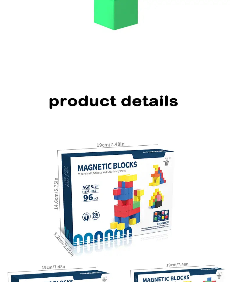 Des jouets éducatifs STEM en blocs de construction magnétiques, en boîtage blanc et bleu, conçus pour les enfants âgés de 3 ans et plus.