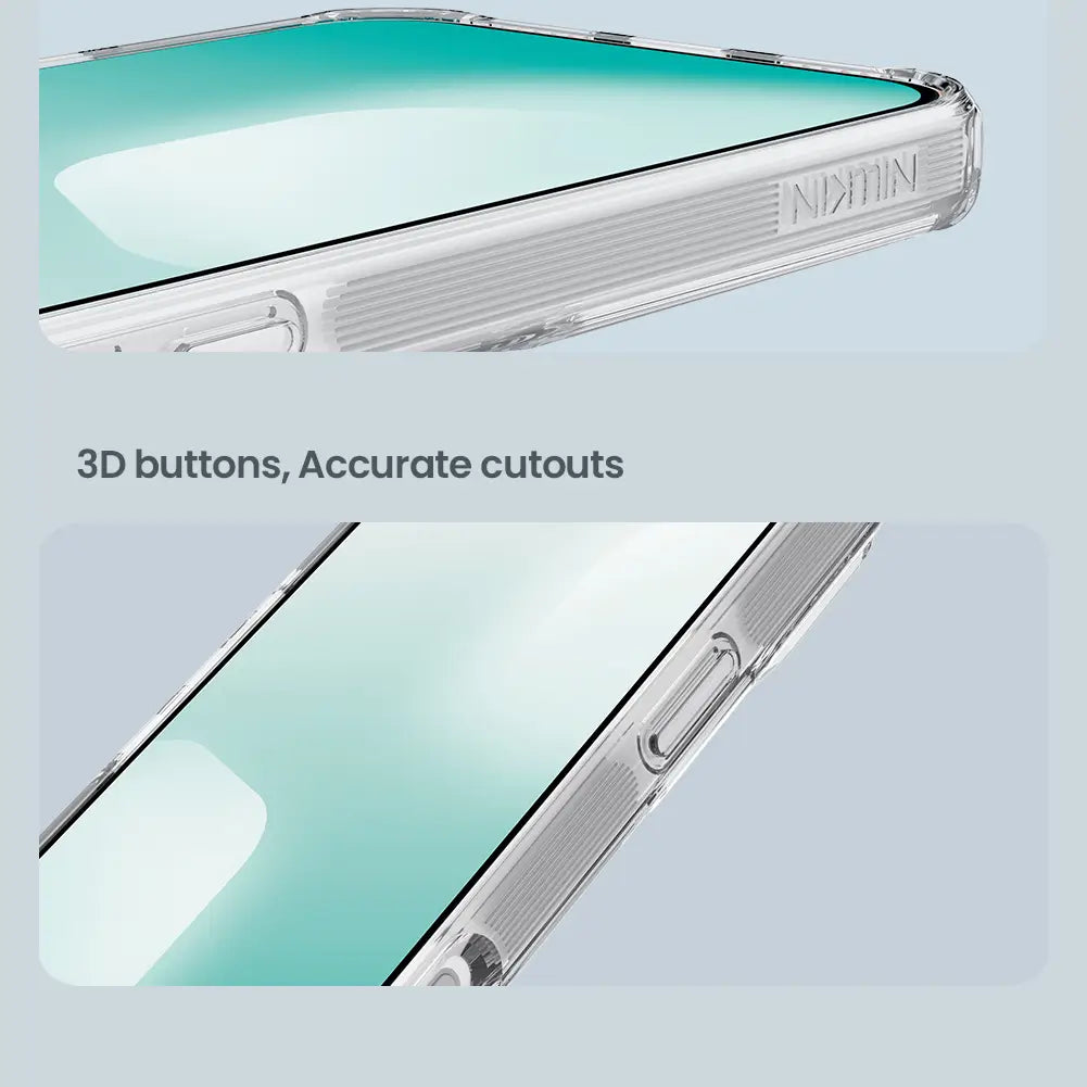 Clear transparent phone case with textured side edges and embossed nillkin branding on the back side made from nature tpu pro for iphone 17 series.