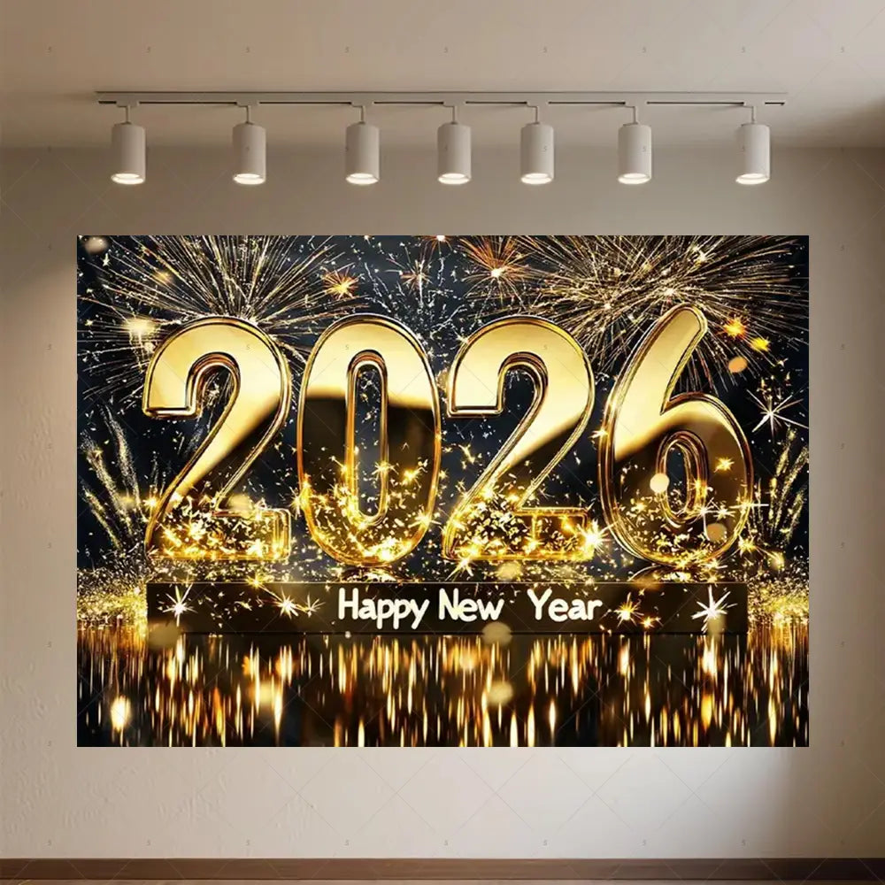 Fond de photographie pour célébrations du Nouvel An « 2026 » en noir et or à paillettes, avec texte doré en 3D, feux d’artifice scintillants et effet d’eau réfléchissant, conçu pour une célébration festive.