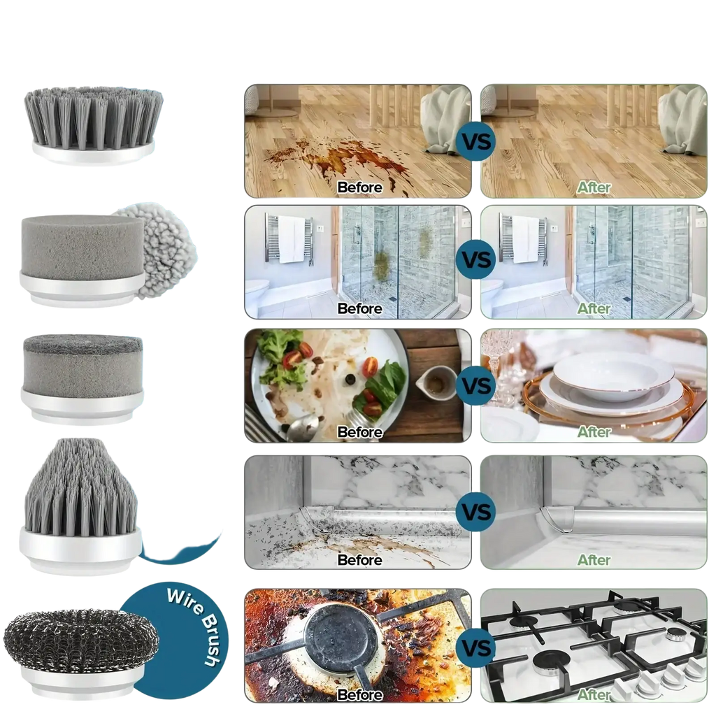 Set of five gray bristle, sponge, and wire brush heads for cordless electric spin scrubber cleaning brush tool