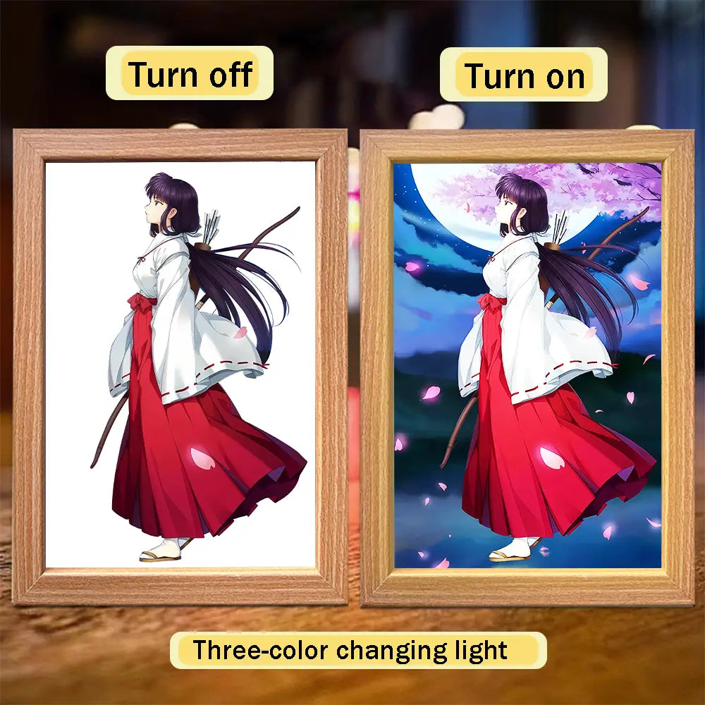 Decoración para pintura luminosa con marco de madera que presenta un personaje de anime iluminado con parte superior blanca y falda roja, con fondos de luz LED con cambio de color, para uso como luz nocturna.