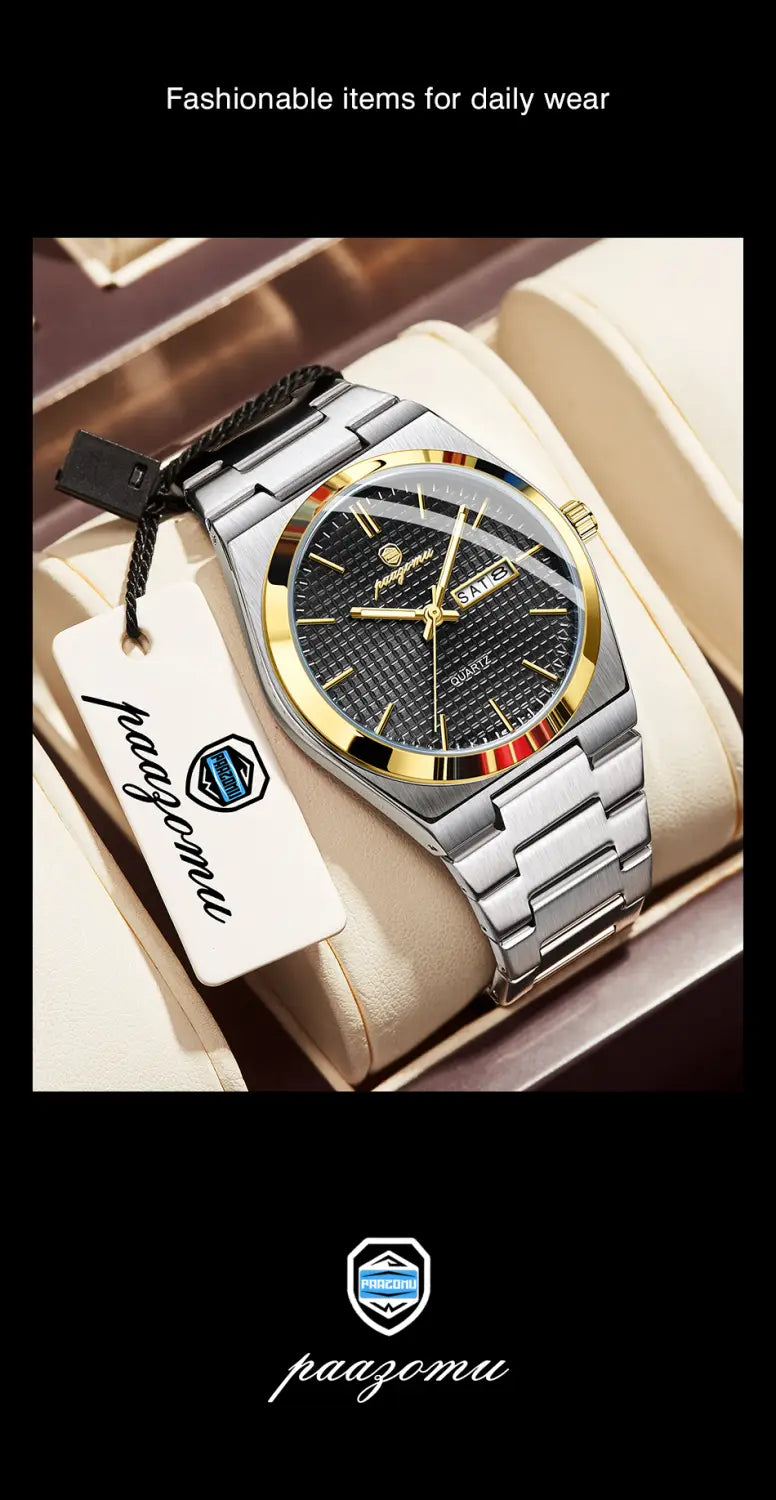 A sleek silver-toned stainless steel Paazomu luxury chronograph watch with a black textured dial and gold-tone bezel and hour markers.