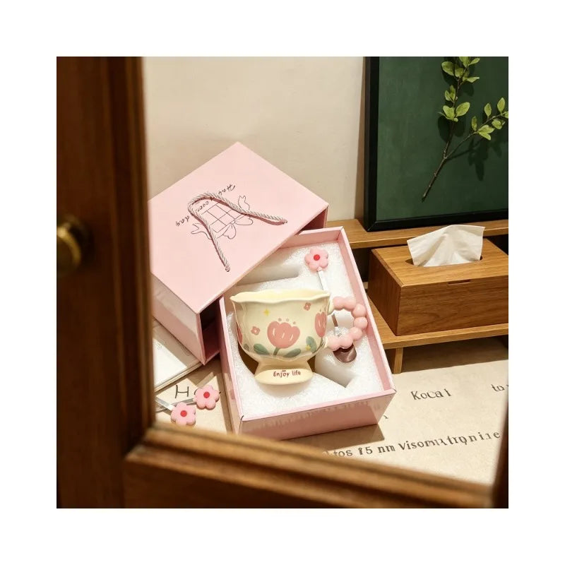 340mI birthday gift for girls, girlfriends, souvenir, water cup, tulip ceramic cup, high-end gift box, flower mug.