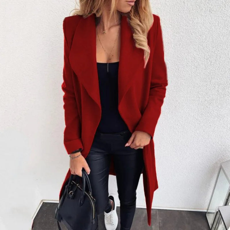 Women's Clothing European American Autumn Winter New Fashion Strap Lapel Solid Color Woolen Coats Jacket Blends