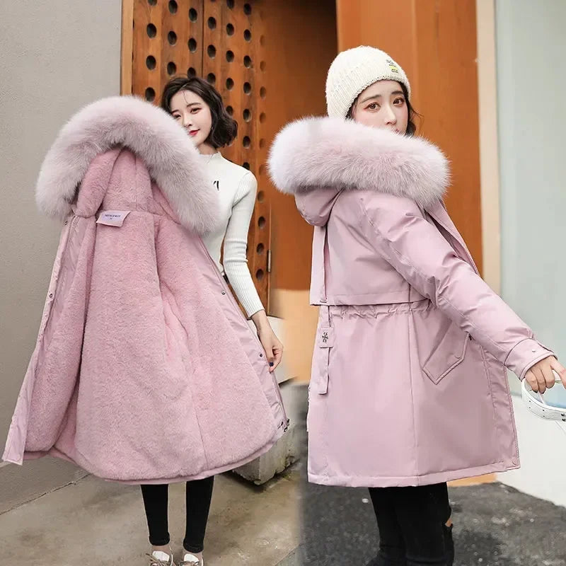 Winter Jacket Women Parka Fashion Long Coat Wool Liner Hooded Parkas Slim With Fur Collar Warm Snow Wear Padded Clothes