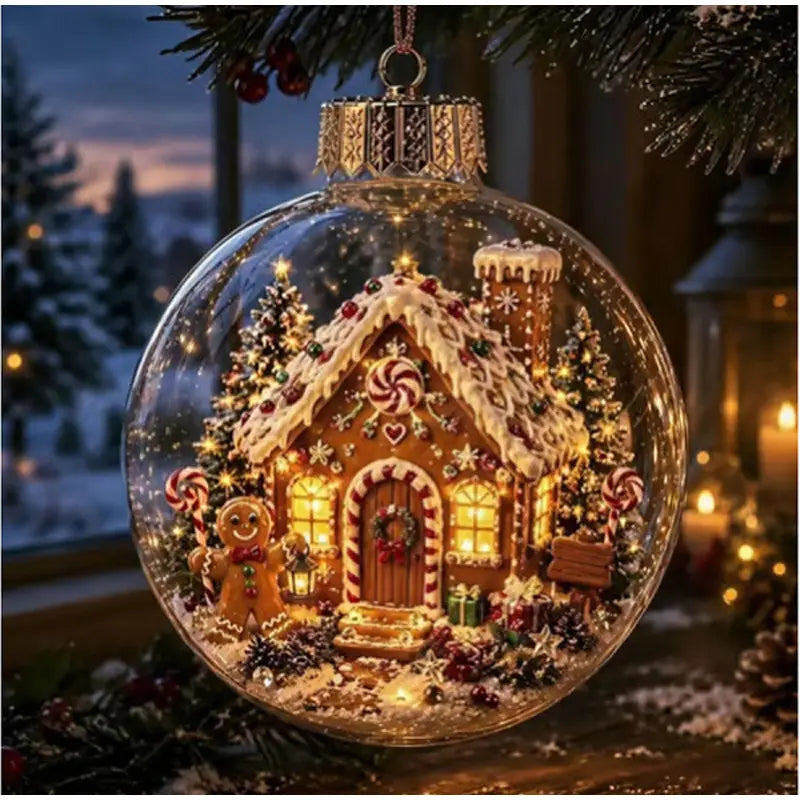 Une boule d’ornement de Noël en verre illuminée, comprenant une maison en pain d’épices festif à l’intérieur d’une sphère en verre transparent, avec des lumières chaudes et une décoration de bonbons détaillée.