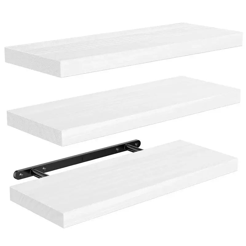 White floating shelves with a sleek modern design and matte finish for living room wood wall display