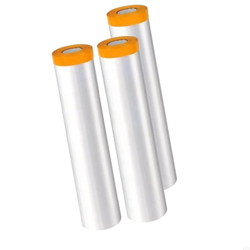 Trois rouleaux de film de protection de meubles anti-poussière transparent en plastique avec des capuchons orange vif.