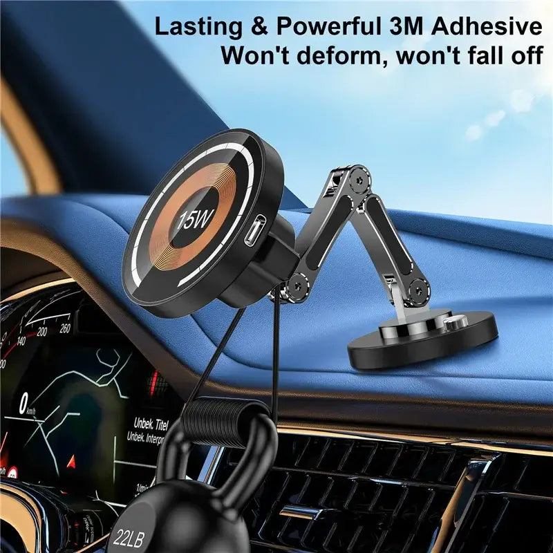 Cargador inalámbrico para coche magnético negro para iPhone 15 14 13 12 con capacidad de carga inalámbrica de 15 W y brazo ajustable fabricado con material resistente