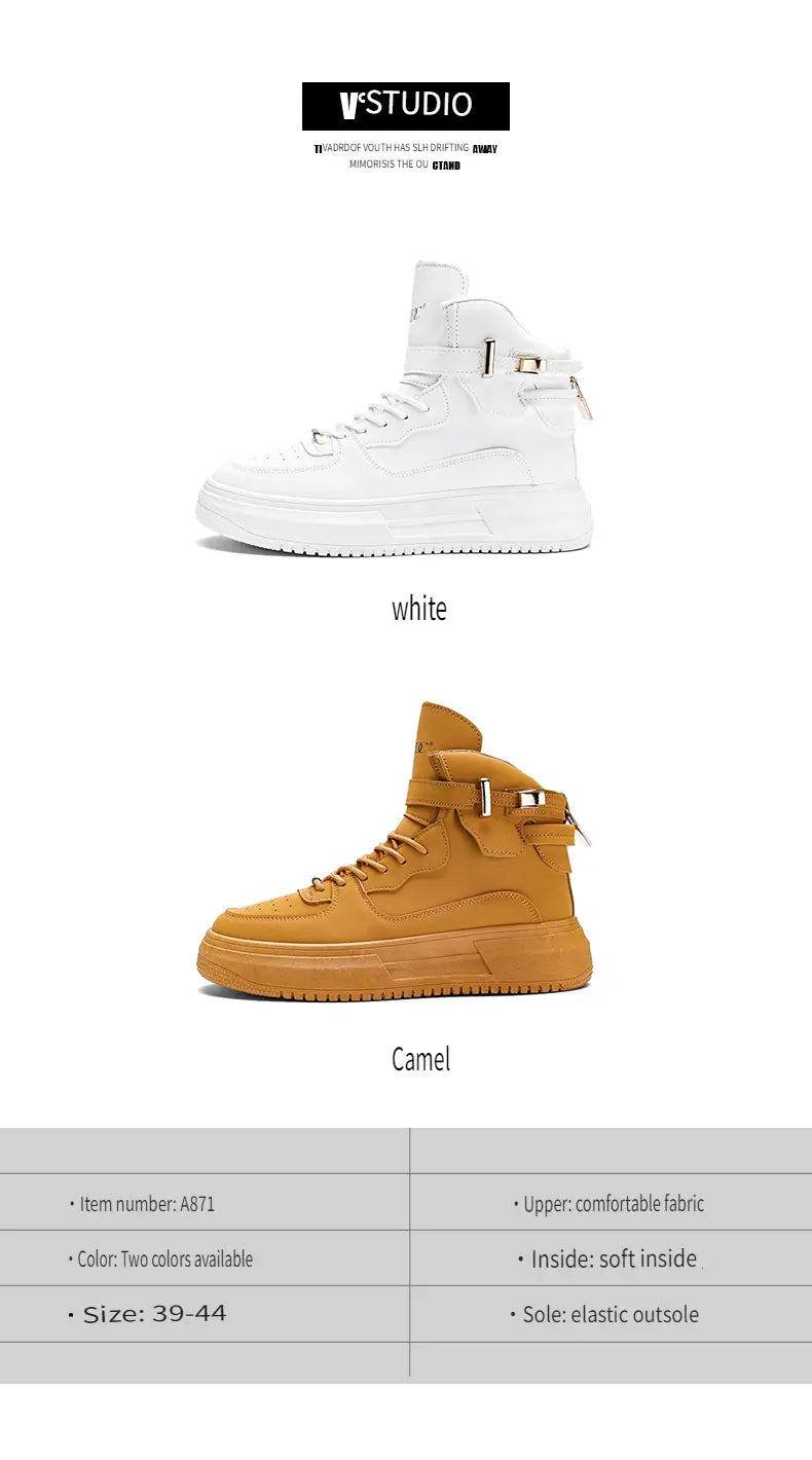 Men white high top sneakers with chunky gold buckle featuring a sleek modern design and sturdy rubber soles.