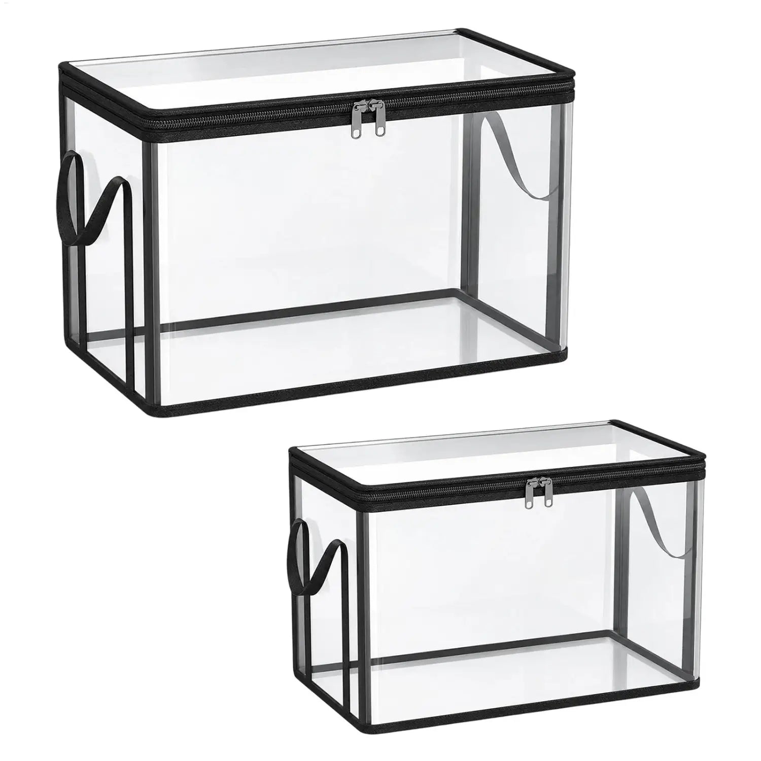 Boîte de rangement pour livres empilable transparente composée de bacs rectangulaires transparents, avec fermetures éclair noires et poignées pour un rangement organisé.