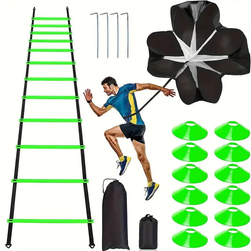 Green and black agility ladder with adjustable rungs made of durable material for athletic training in the soccer speed training parachute and agility ladder kit.