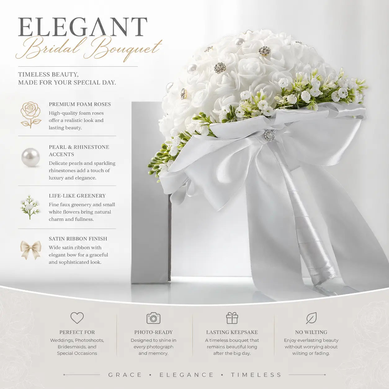 Bouquet de mariée blanc avec perles et strass, mettant en valeur de luxueuses roses en mousse blanches ornées d’accents de perles et de strass et nouées par un large nœud en ruban de satin