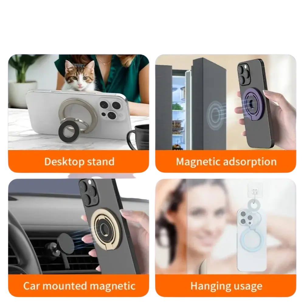 Silver magnetic phone stand ring with circular design and central magnet for versatile holding on iphone models