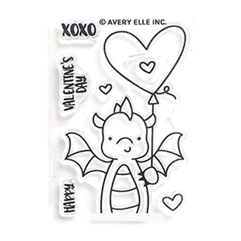 valentine dragon clear stamps and dies set featuring a clear stamp with a cute cartoon dragon holding a red heart shaped balloon and black outlined phrases xoxo valentine’s day and happy.