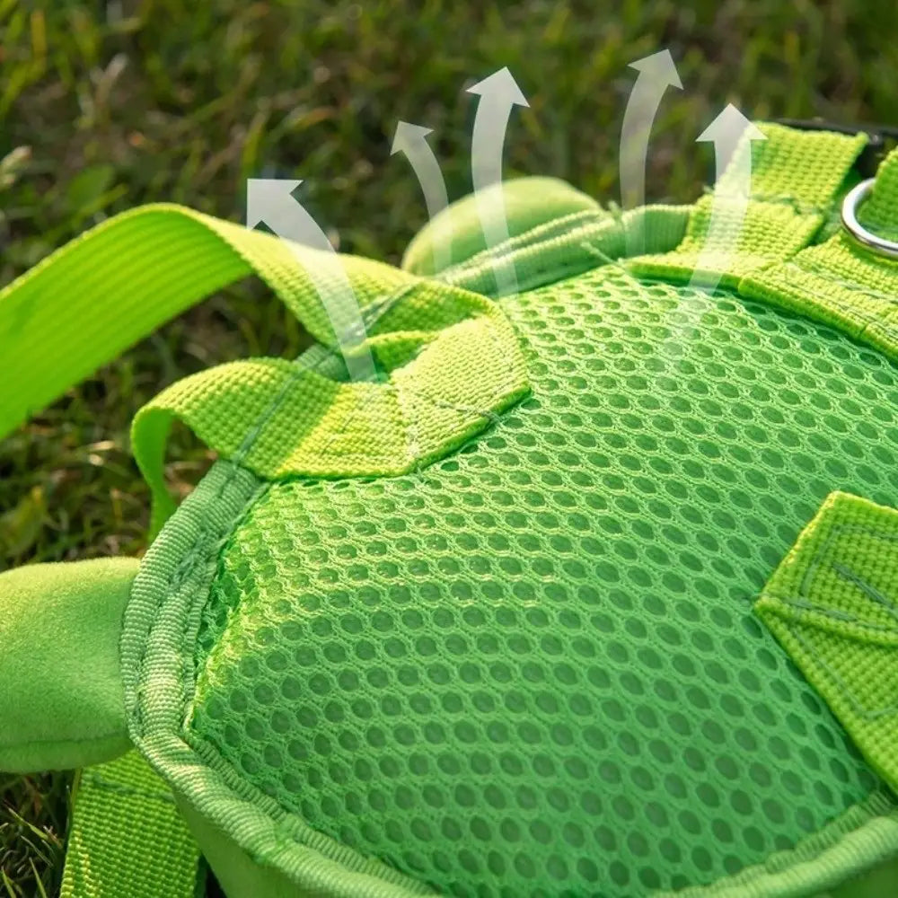 Bright green turtle shape dog backpack featuring a bright green mesh construction with padded straps and a soft fabric finish for comfortable pet carrying.