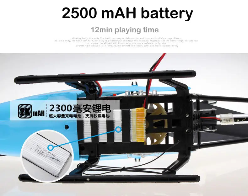 Helicóptero teledirigido azul y negro de 80 cm equipado con una batería de litio de 2300 mAh, diseñado para un tiempo de carga óptimo y un rendimiento de vuelo prolongado.