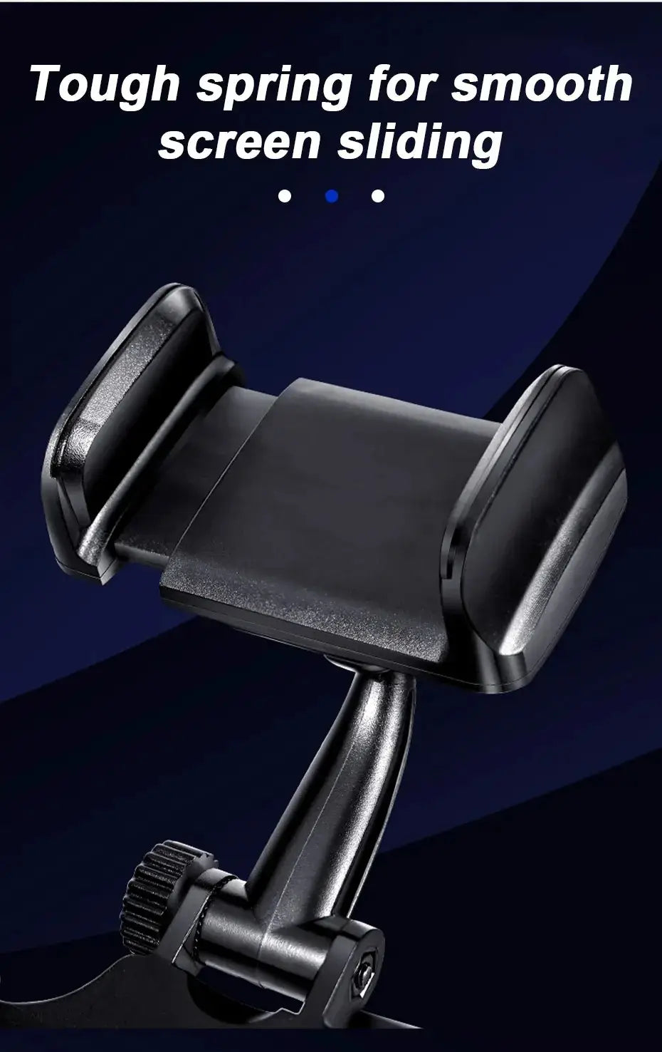 Black plastic car phone holder with spring mechanism for smooth screen sliding designed for 360 degree foldable rearview mirror mounting.