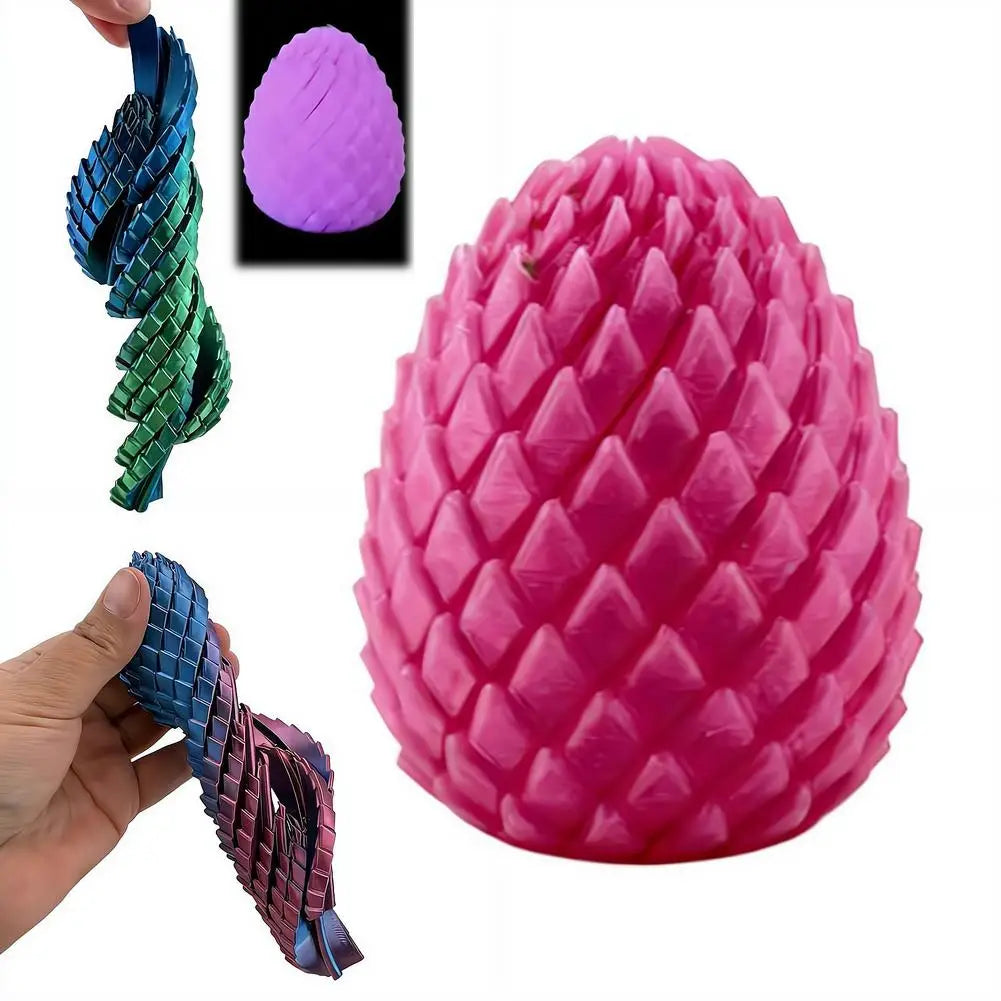 a front view of a vibrant pink articulated dragon egg fidget toy with a textured scaly diamond-patterned surface