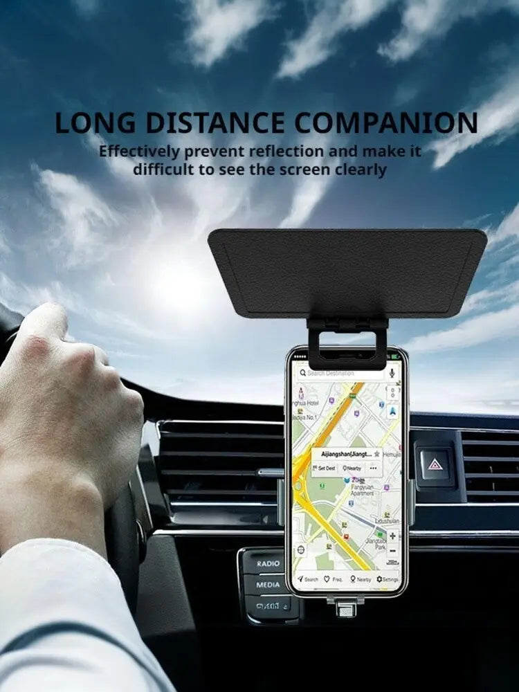 Black phone sun visor with an adjustable clip and matte finish designed as an anti-glare universal mobile phone shade for sun visor use.
