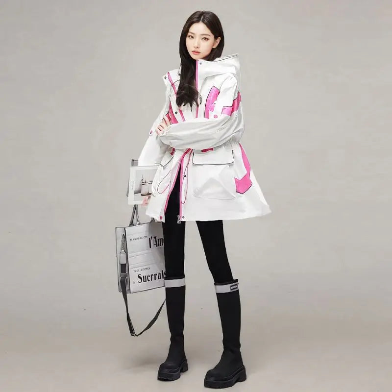 Women's Trench Coat Hooded Jacket Spring Autumn Patchwork Cargo Jacket New Loose Mid-length Drawstring Casual Windbreaker