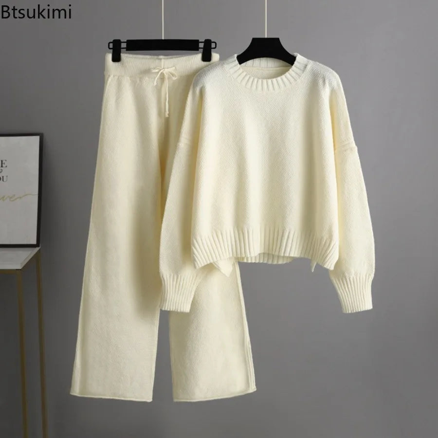Winter Thick Knitted 2 Piece Sets Women Half Turtleneck Knitwears Sweater Loose Pullover Tops High Waist Wide-leg Pants Outfit
