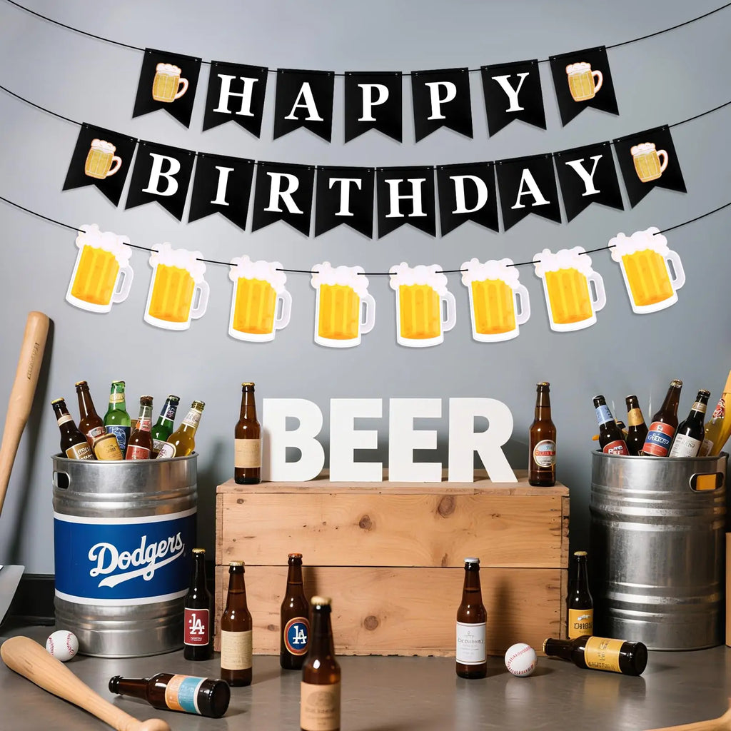 Adult Birthday Party Decor Large Champagne Foil Balloons Beer Mug Helium Globos for Men Women Black Gold Happy Birthday Banner