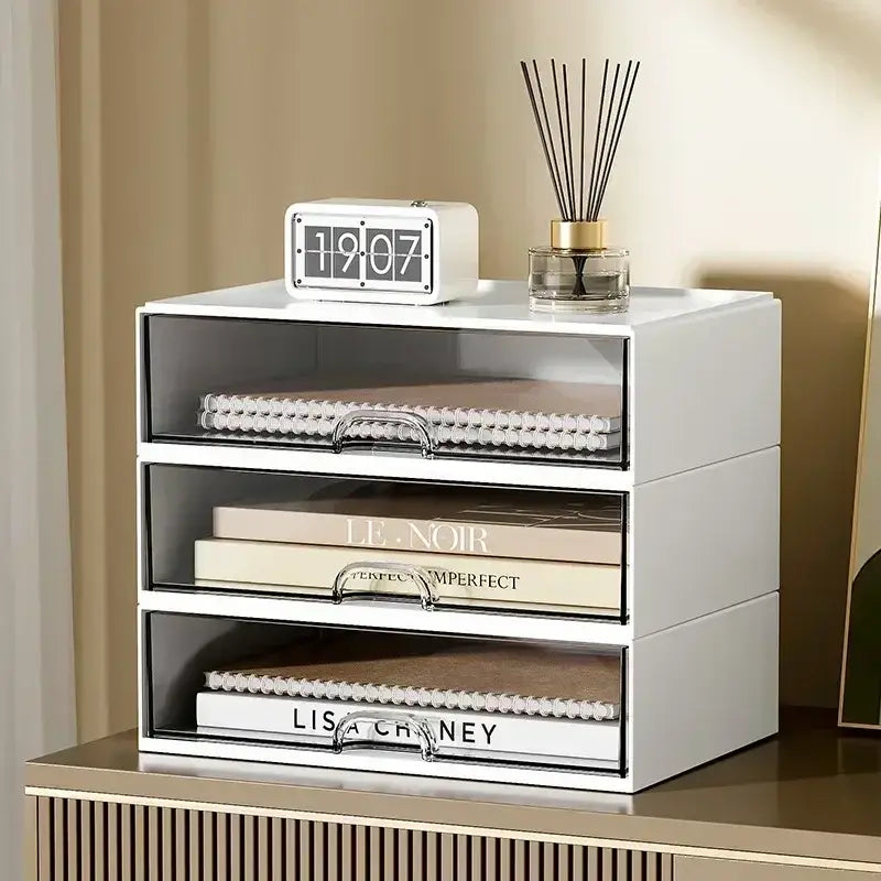 White desk organizer featuring three drawers with clear transparent front panels and silver handles for efficient storage and organization.