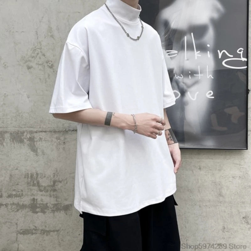 2024 Men Tshirt Solid Streetwear Turtleneck Hip Hop Male Oversized T Shirts Man Casual Short Sleeve Top Tees Black/White/Purple