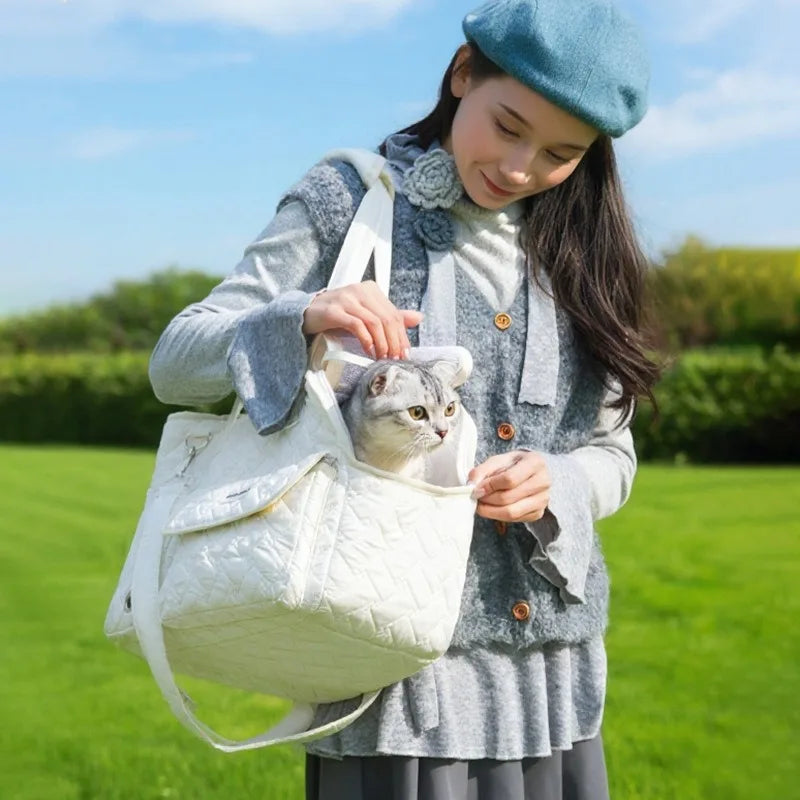 Portable Pet Carrier Bag for Outdoor WalkingBag Breathable Mesh Cat Travel Tote Bag Quilted Pet Handbag for Small Medium Cats