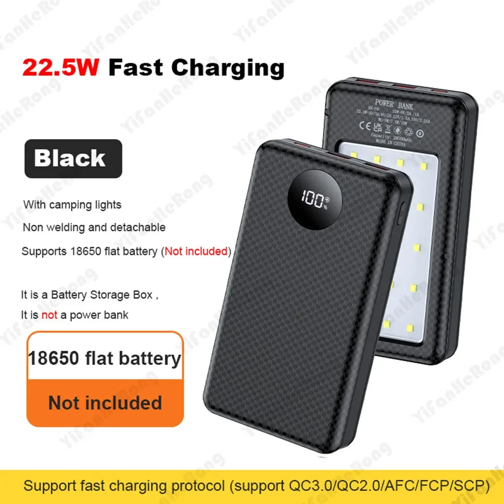 6*18650 20000mAh Power Bank Case 22.5W Fast Charging 15W Wireless Charging Mobile Power Bank Housing Battery Holder For Phone