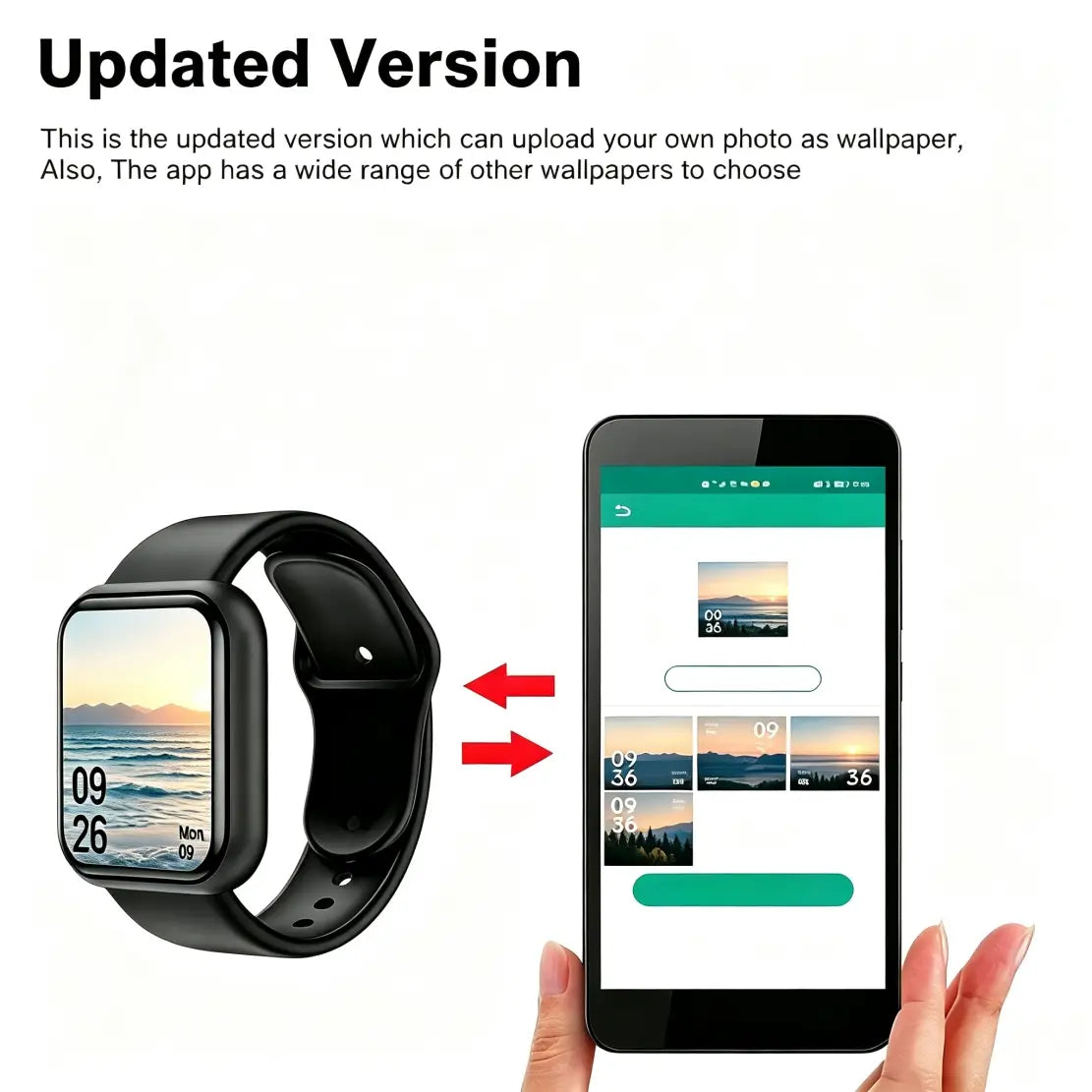 Black smartwatch fitness tracker with a rectangular screen displaying time and date and a sleek silicone sport bracelet band.
