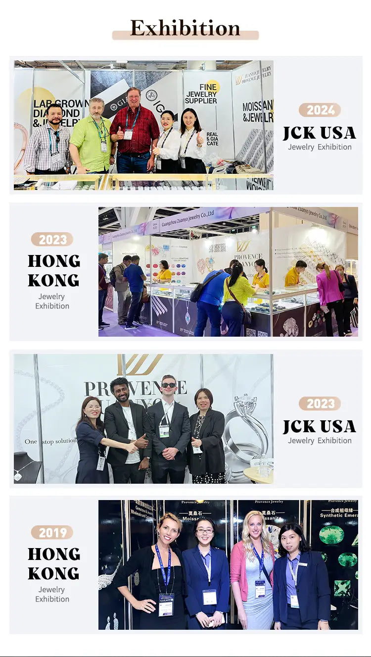 L’image montre un ensemble de bague de fiançailles en diamant de laboratoire ovale en or, présenté dans un collage promotionnel pour le salon de joaillerie JCK USA, avec des photos de l’événement de 2019 à 2024 et des lieux incluant Hong Kong.