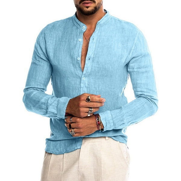 Light blue men long sleeve linen mandarin collar casual shirt with button-down front.